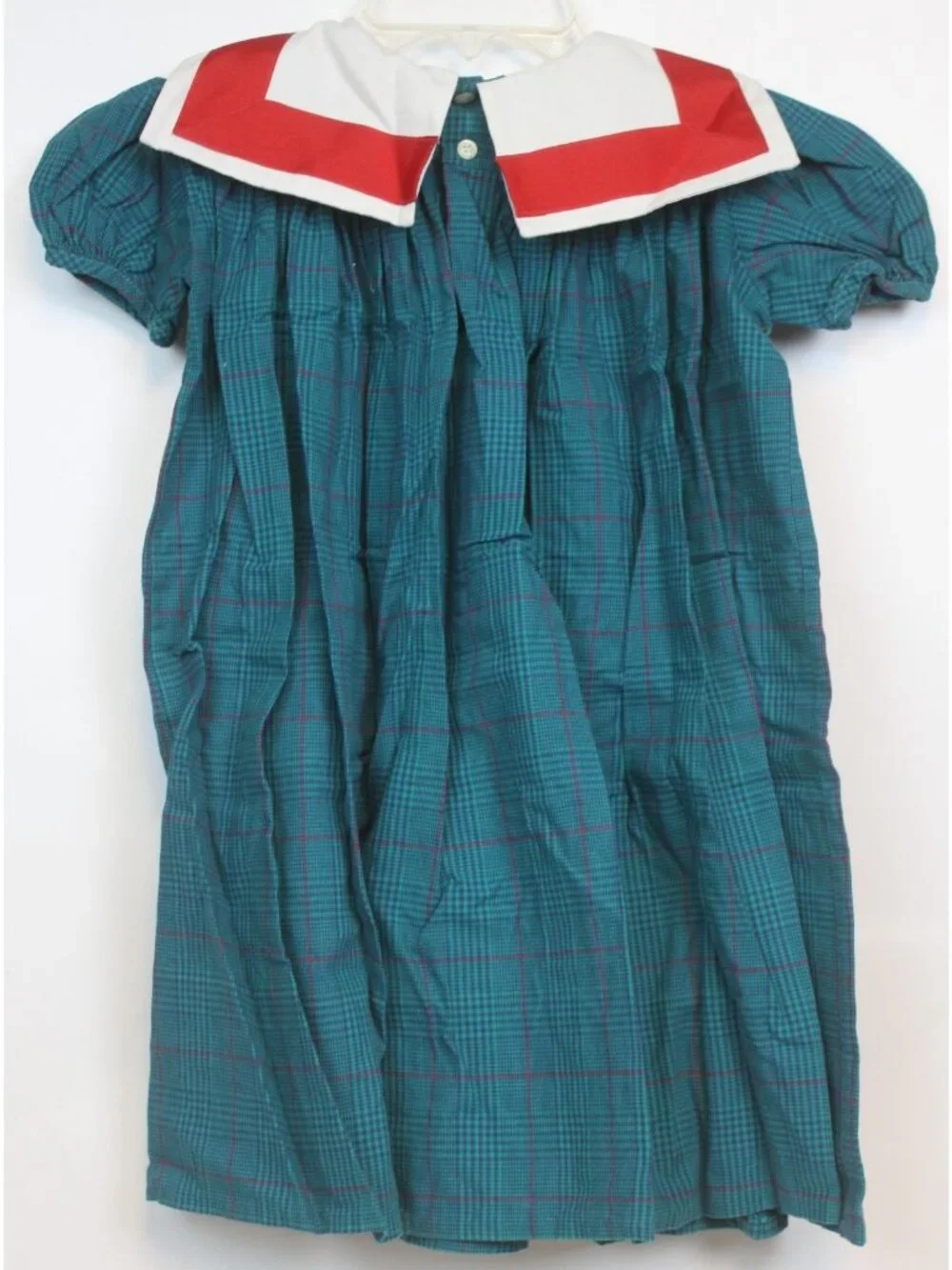 Vtg 90s Mondays Child Green Teal Dress Bib Collar sz 3T Plaid Paper Tag